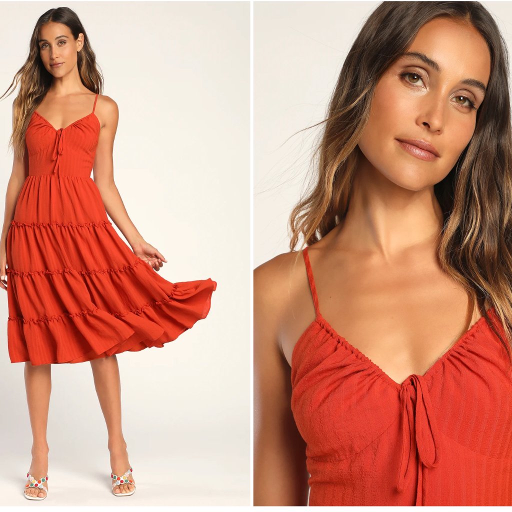 Lulus Tier Loveliness Rust Orange Tiered Midi Dress, Size Xs